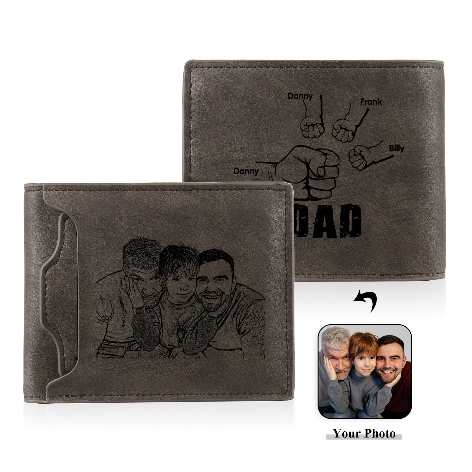 4 Names - Personalised Photo Custom Leather Men's Folding Wallet as a Father's Day Gift for Dad