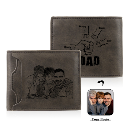 4 Names - Personalised Photo Custom Leather Men's Folding Wallet as a Father's Day Gift for Dad