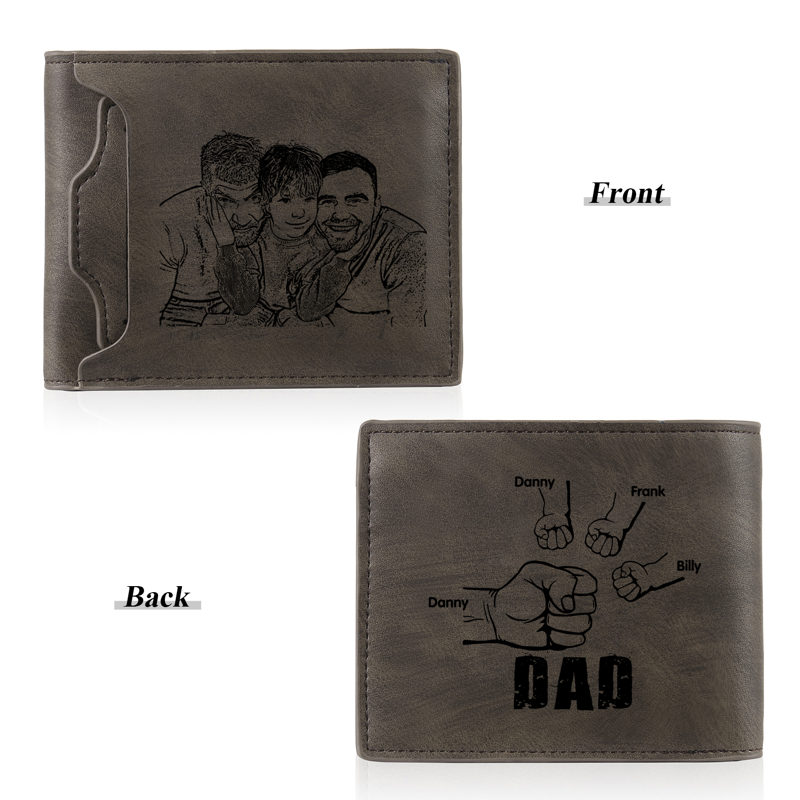 4 Names - Personalised Photo Custom Leather Men's Folding Wallet as a Father's Day Gift for Dad