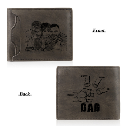 4 Names - Personalised Photo Custom Leather Men's Folding Wallet as a Father's Day Gift for Dad