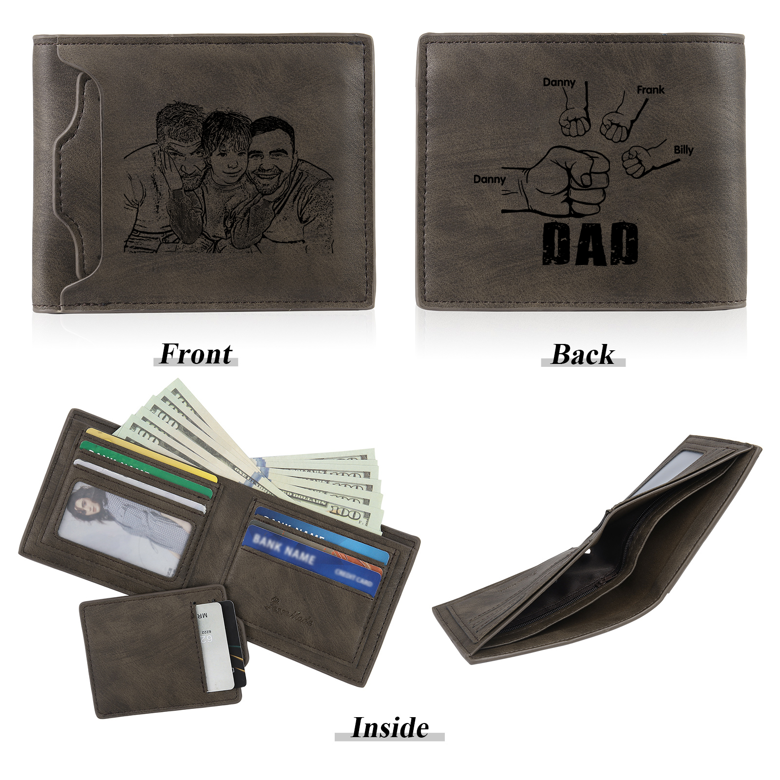 4 Names - Personalised Photo Custom Leather Men's Folding Wallet as a Father's Day Gift for Dad