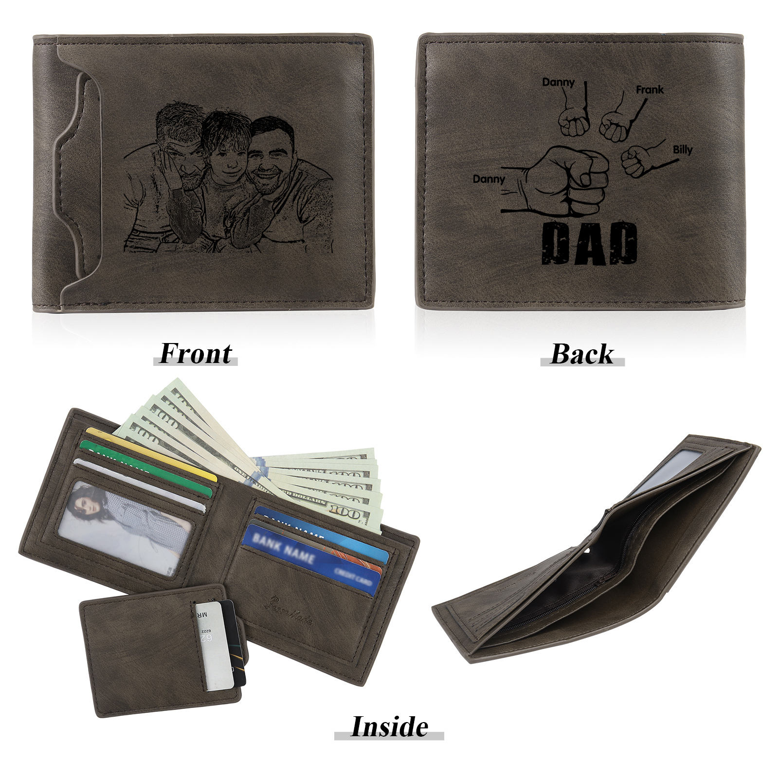 4 Names - Personalised Photo Custom Leather Men's Folding Wallet as a Father's Day Gift for Dad