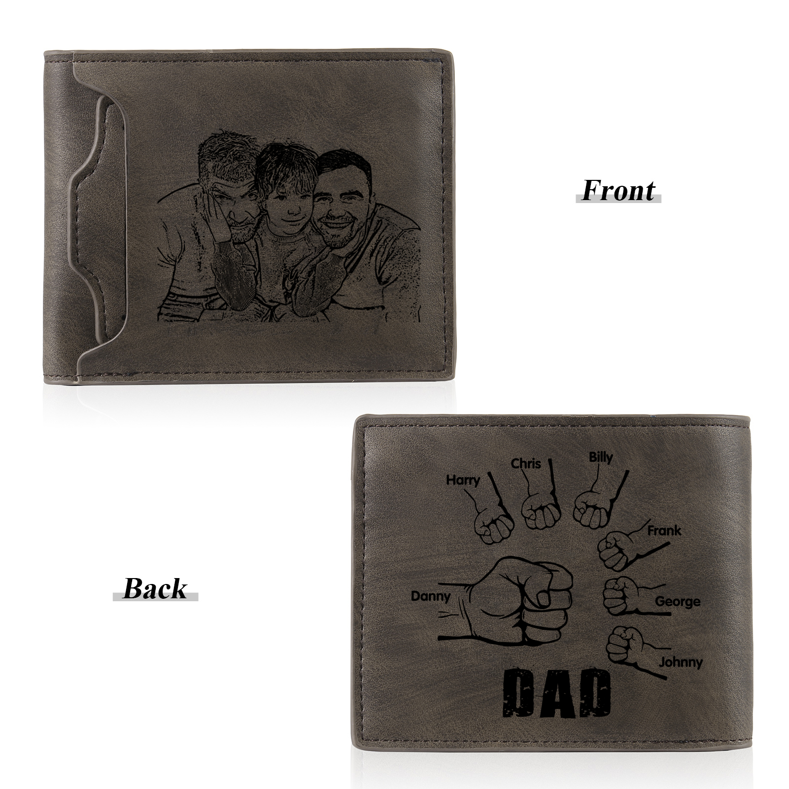 7 Names - Personalised Photo Custom Leather Men's Folding Wallet as a Father's Day Gift for Dad