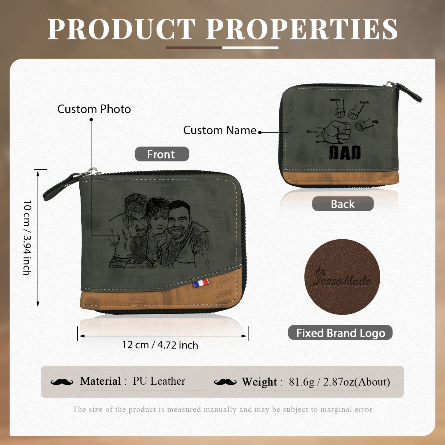 4 Names - Personalised Photo Custom Leather Men's Zipper Wallet as a Father's Day Gift for Dad