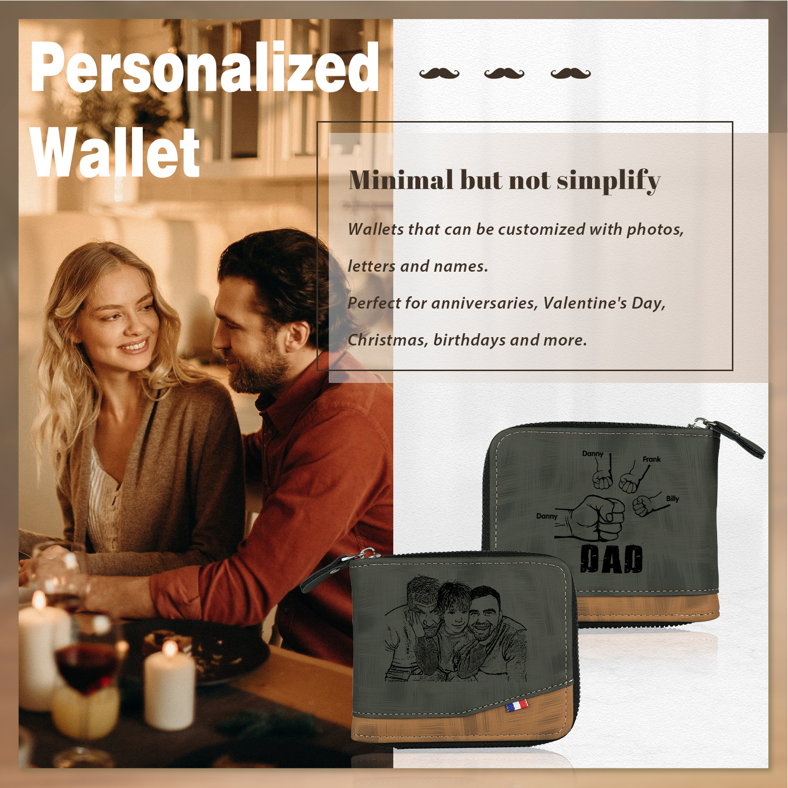 4 Names - Personalised Photo Custom Leather Men's Zipper Wallet as a Father's Day Gift for Dad