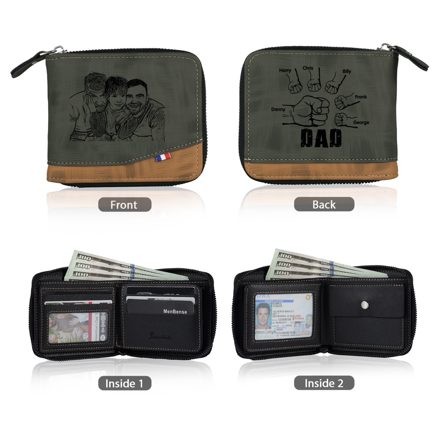 6 Names - Personalised Photo Custom Leather Men's Zipper Wallet as a Father's Day Gift for Dad