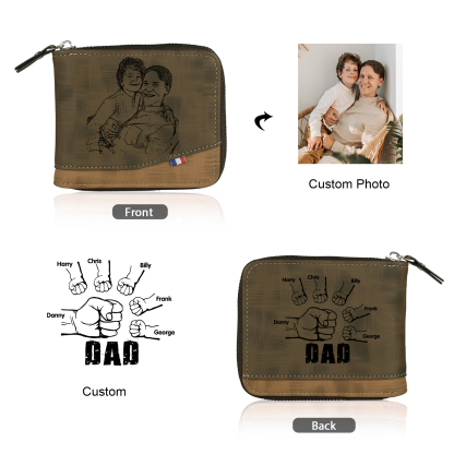 6 Names - Personalised Photo Custom Leather Men's Zipper Wallet as a Father's Day Gift for Dad