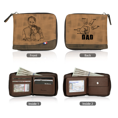 4 Names - Personalised Photo Custom Leather Men's Zipper Wallet as a Father's Day Gift for Dad