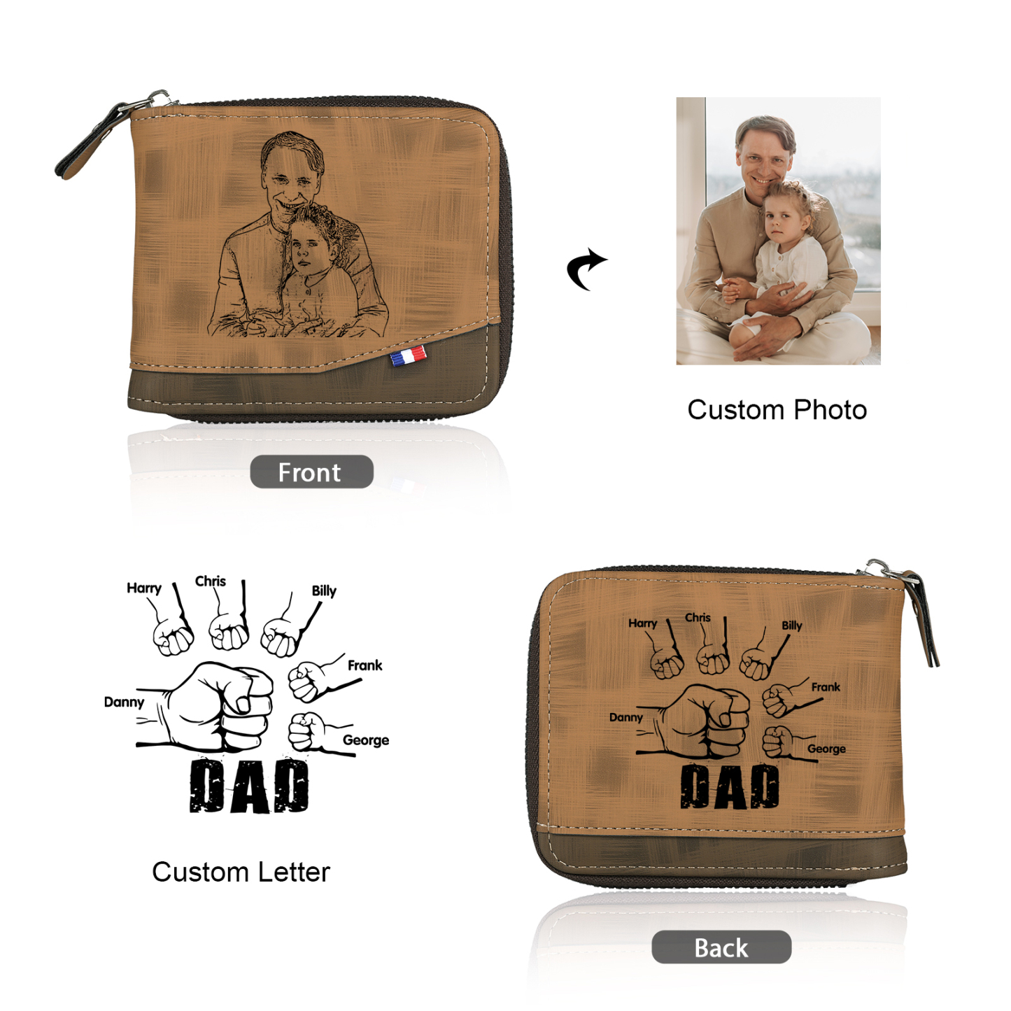 6 Names - Personalised Photo Custom Leather Men's Zipper Wallet as a Father's Day Gift for Dad
