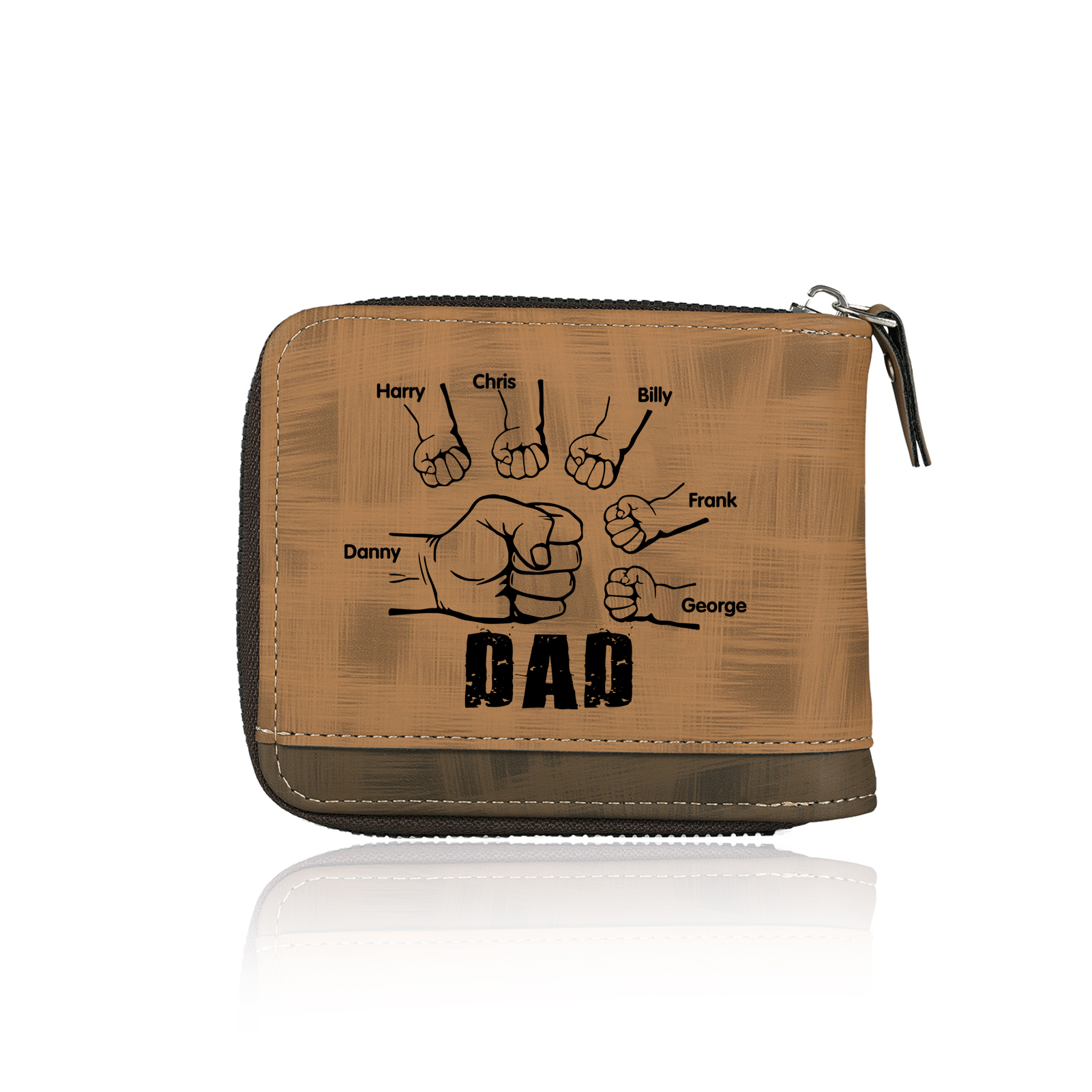 6 Names - Personalised Photo Custom Leather Men's Zipper Wallet as a Father's Day Gift for Dad