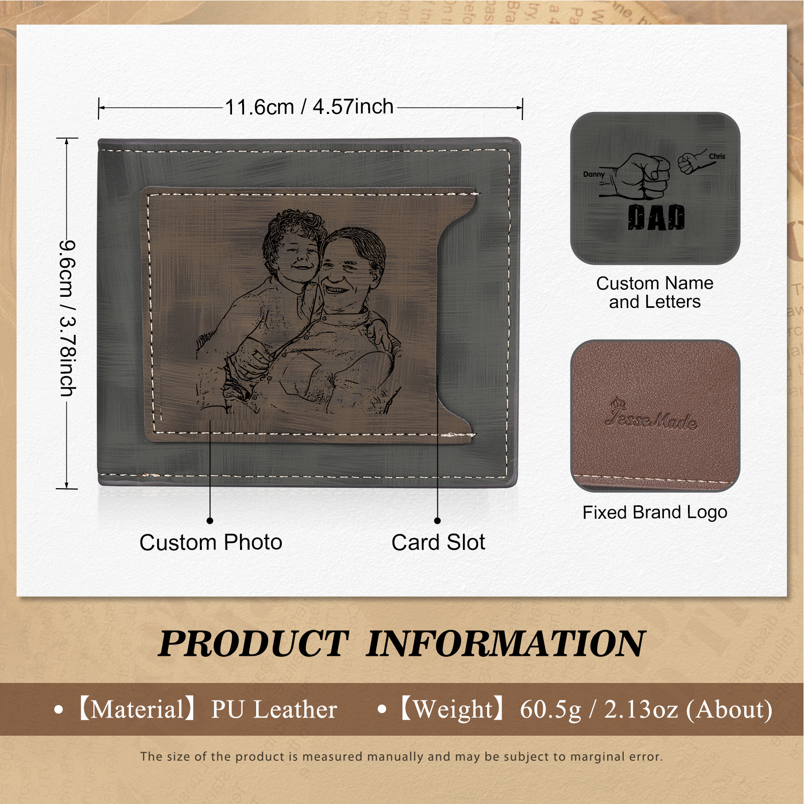 2 Names - Personalised Photo Custom Leather Men's Wallet as a Father's Day Gift for Dad