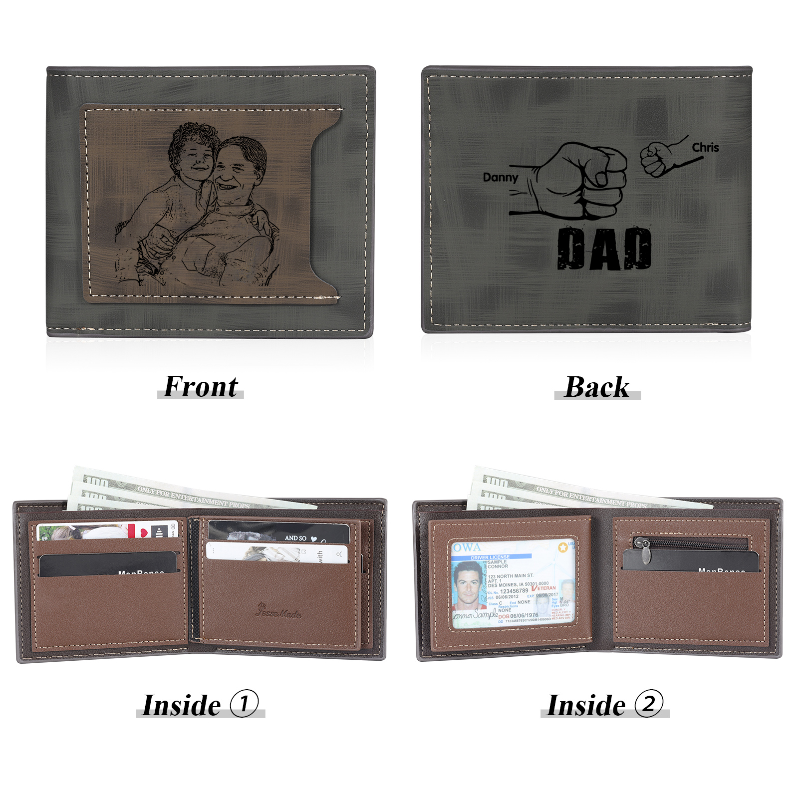 2 Names - Personalised Photo Custom Leather Men's Wallet as a Father's Day Gift for Dad