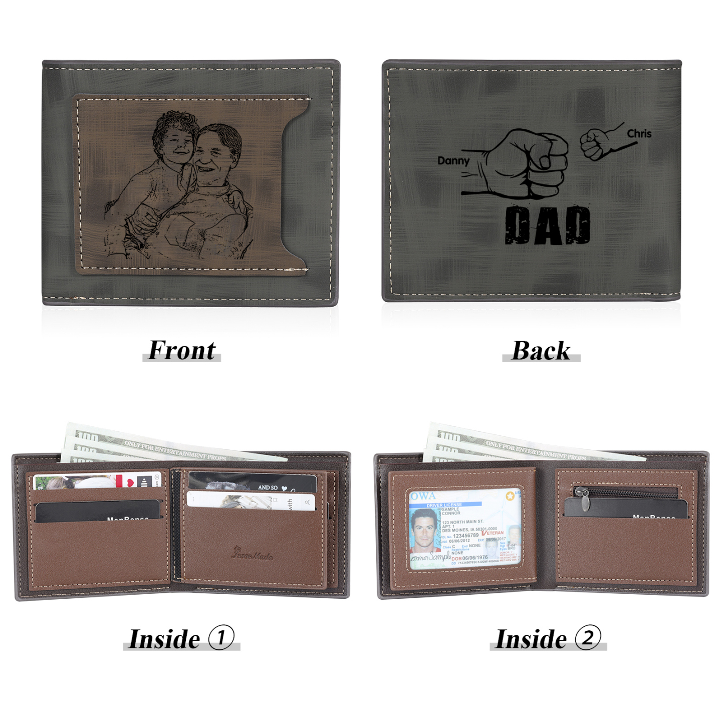 2 Names - Personalised Photo Custom Leather Men's Wallet as a Father's Day Gift for Dad