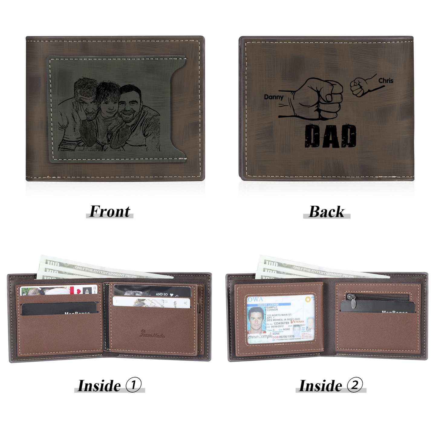 2 Names - Personalised Photo Custom Leather Men's Wallet as a Father's Day Gift for Dad