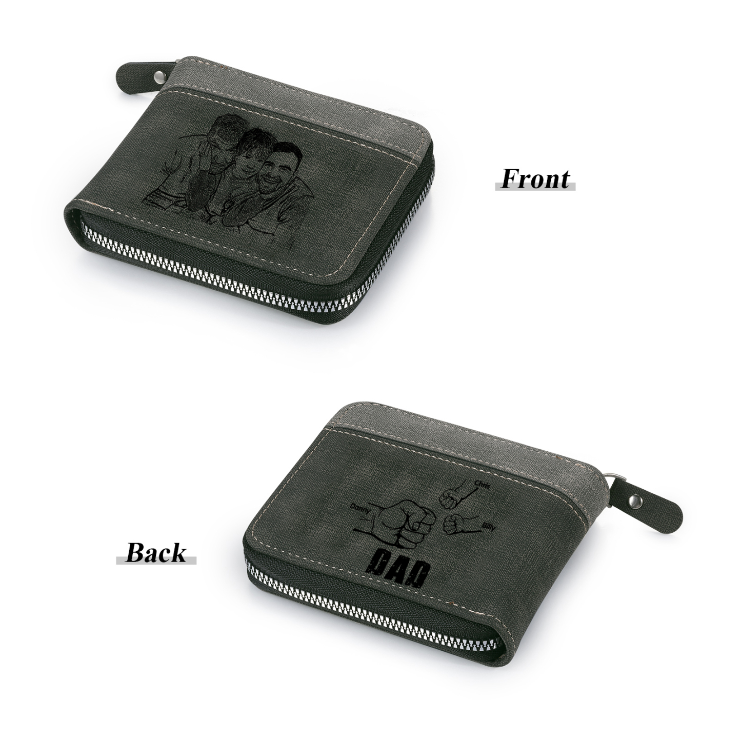 3 Names - Personalised Fist Bump Photo Custom Leather Men's Zipper Wallet as a Father's Day Gift for Dad