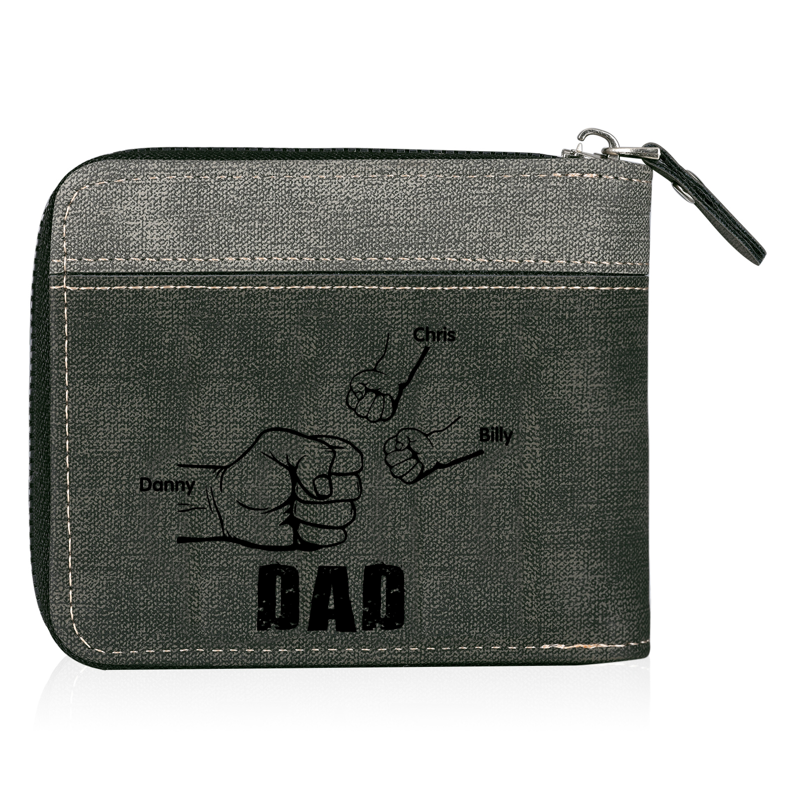 3 Names - Personalised Fist Bump Photo Custom Leather Men's Zipper Wallet as a Father's Day Gift for Dad