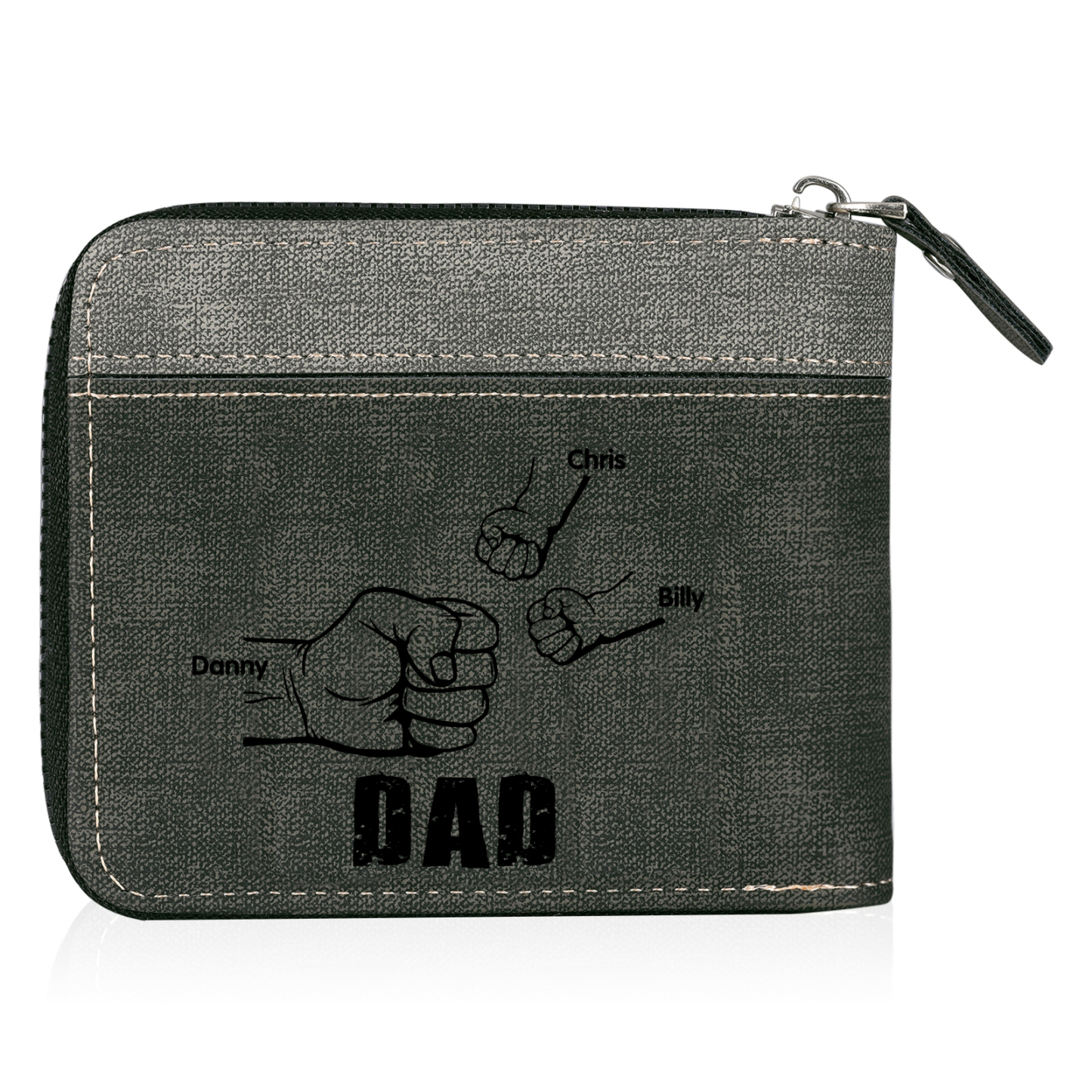 3 Names - Personalised Fist Bump Photo Custom Leather Men's Zipper Wallet as a Father's Day Gift for Dad