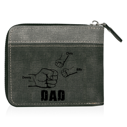 3 Names - Personalised Fist Bump Photo Custom Leather Men's Zipper Wallet as a Father's Day Gift for Dad