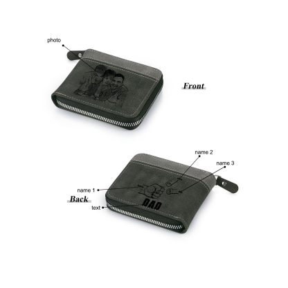 3 Names - Personalised Fist Bump Photo Custom Leather Men's Zipper Wallet as a Father's Day Gift for Dad