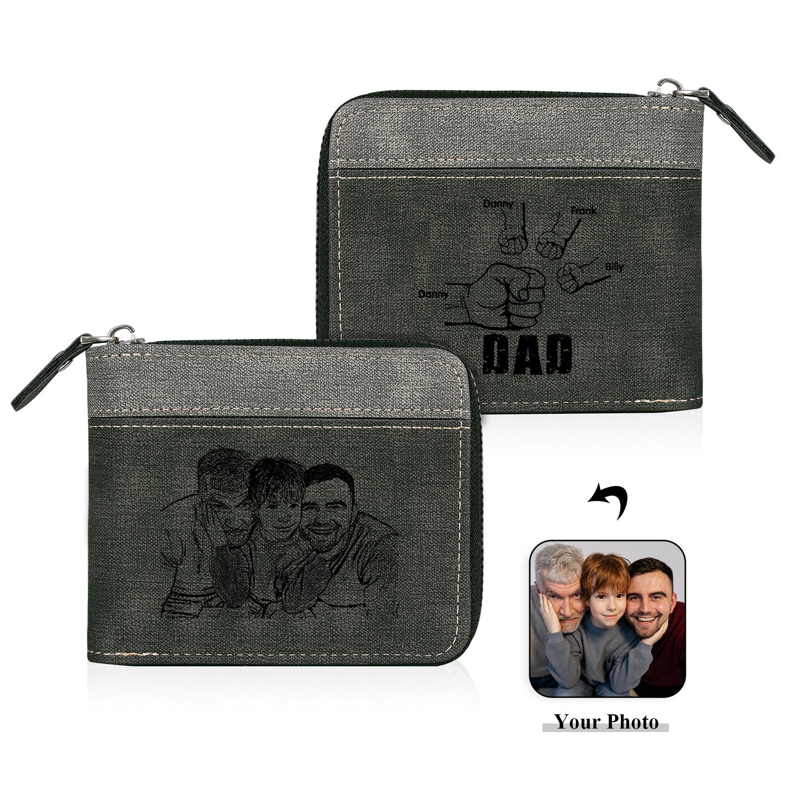 4 Names - Personalised Fist Bump Photo Custom Leather Men's Zipper Wallet as a Father's Day Gift for Dad