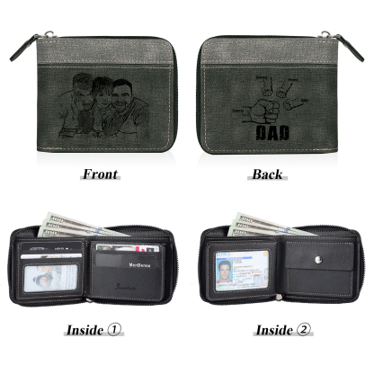 4 Names - Personalised Fist Bump Photo Custom Leather Men's Zipper Wallet as a Father's Day Gift for Dad