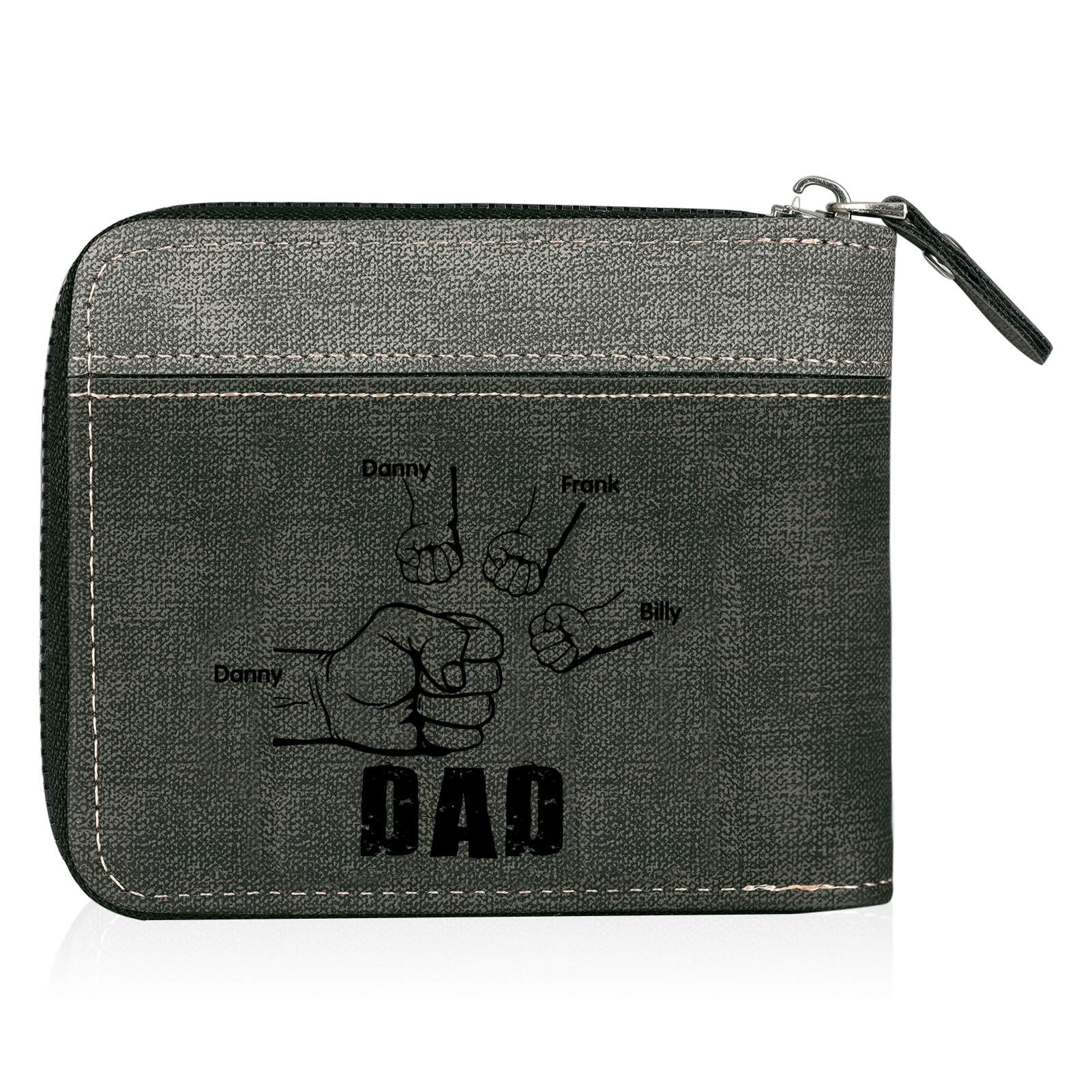 4 Names - Personalised Fist Bump Photo Custom Leather Men's Zipper Wallet as a Father's Day Gift for Dad