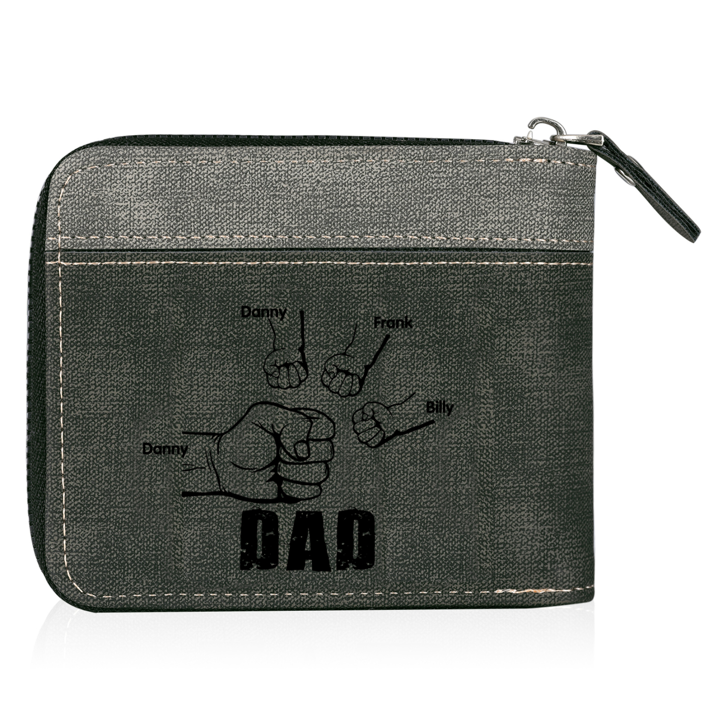4 Names - Personalised Fist Bump Photo Custom Leather Men's Zipper Wallet as a Father's Day Gift for Dad