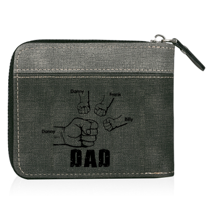 4 Names - Personalised Fist Bump Photo Custom Leather Men's Zipper Wallet as a Father's Day Gift for Dad