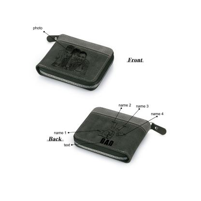 4 Names - Personalised Fist Bump Photo Custom Leather Men's Zipper Wallet as a Father's Day Gift for Dad