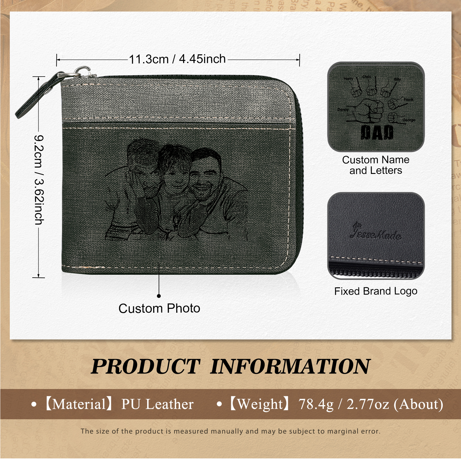 6 Names - Personalised Fist Bump Photo Custom Leather Men's Zipper Wallet as a Father's Day Gift for Dad