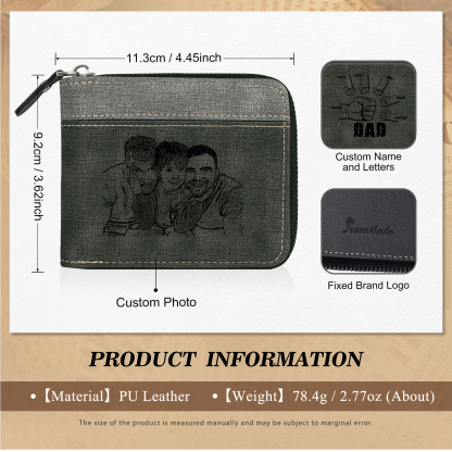 6 Names - Personalised Fist Bump Photo Custom Leather Men's Zipper Wallet as a Father's Day Gift for Dad