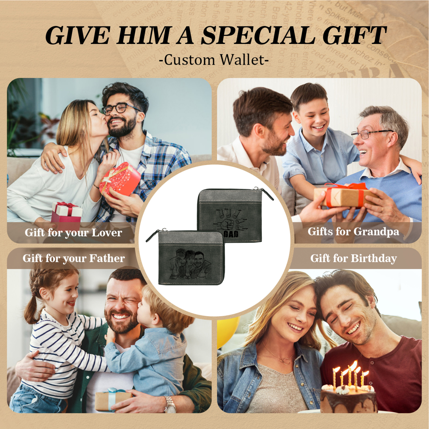 6 Names - Personalised Fist Bump Photo Custom Leather Men's Zipper Wallet as a Father's Day Gift for Dad