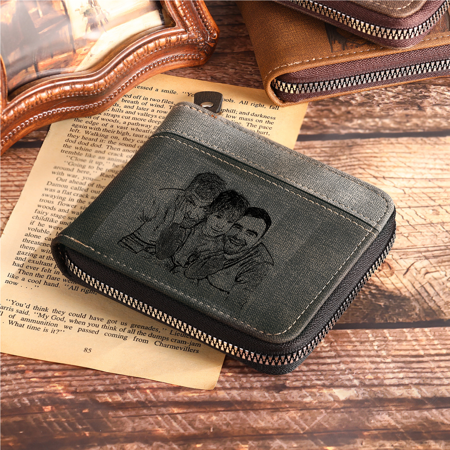 6 Names - Personalised Fist Bump Photo Custom Leather Men's Zipper Wallet as a Father's Day Gift for Dad