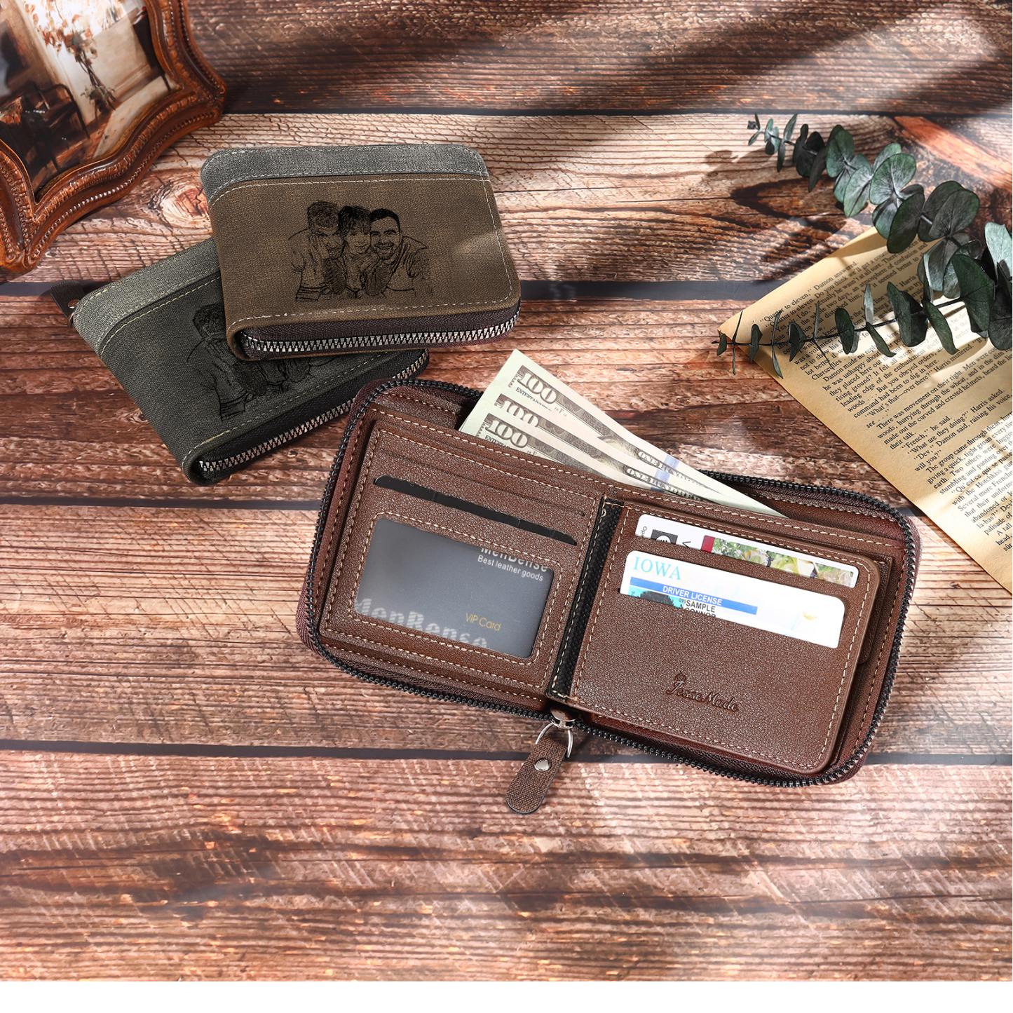 6 Names - Personalised Fist Bump Photo Custom Leather Men's Zipper Wallet as a Father's Day Gift for Dad