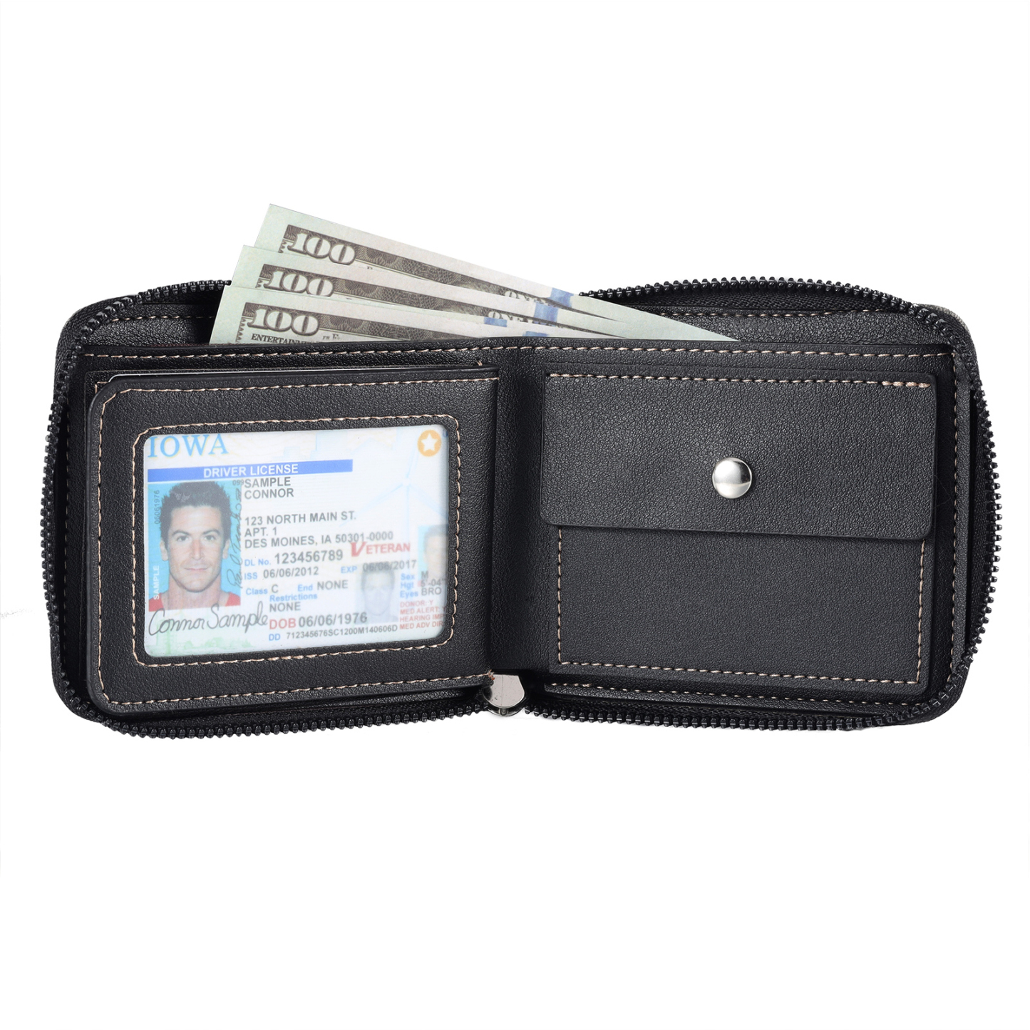 6 Names - Personalised Fist Bump Photo Custom Leather Men's Zipper Wallet as a Father's Day Gift for Dad