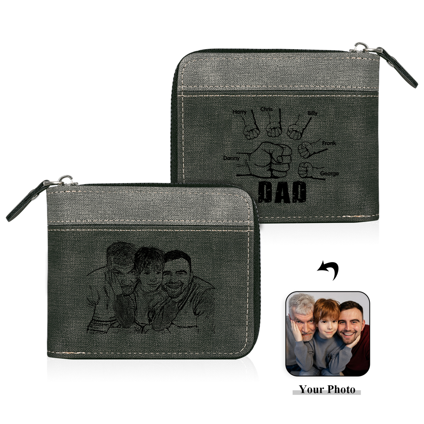 6 Names - Personalised Fist Bump Photo Custom Leather Men's Zipper Wallet as a Father's Day Gift for Dad