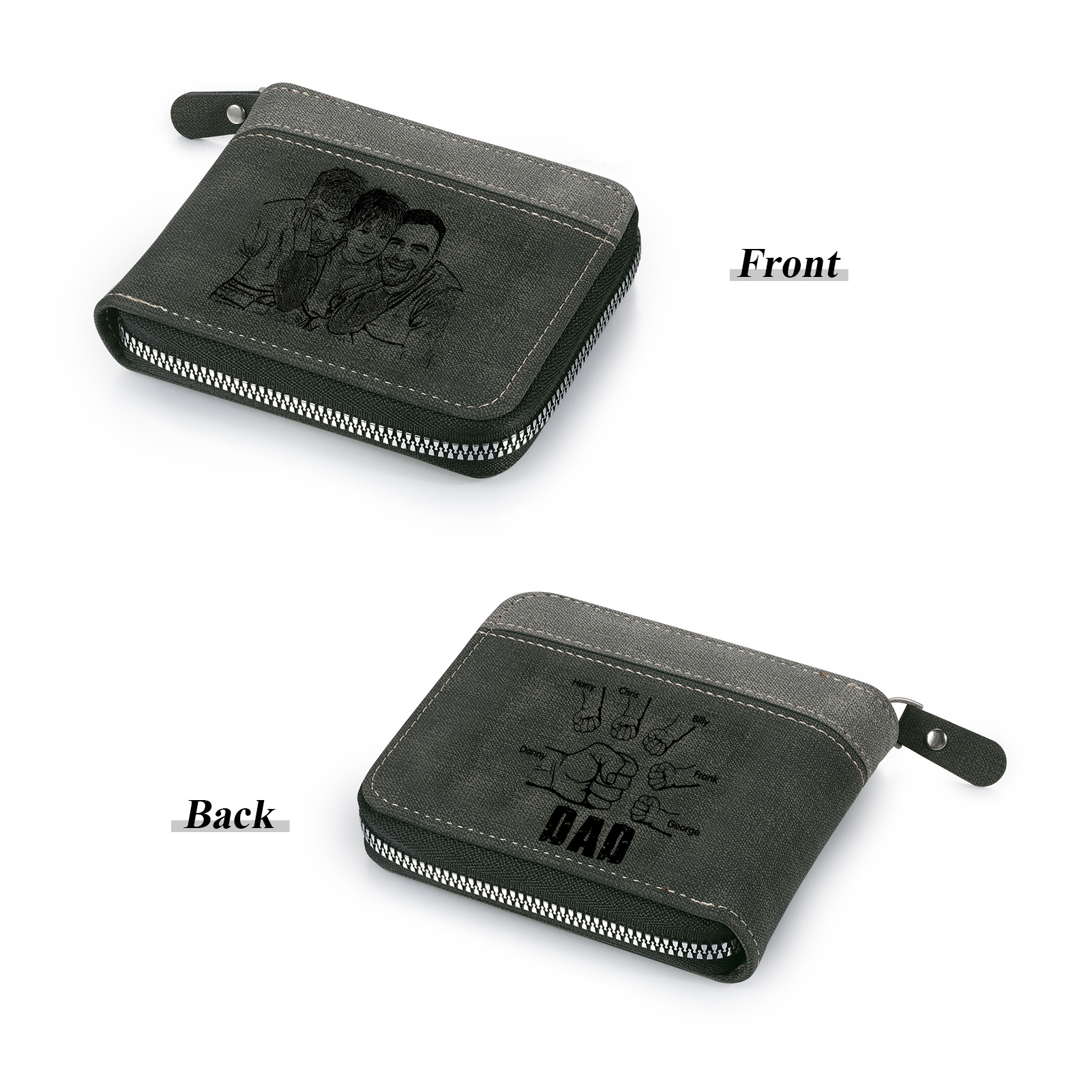 6 Names - Personalised Fist Bump Photo Custom Leather Men's Zipper Wallet as a Father's Day Gift for Dad
