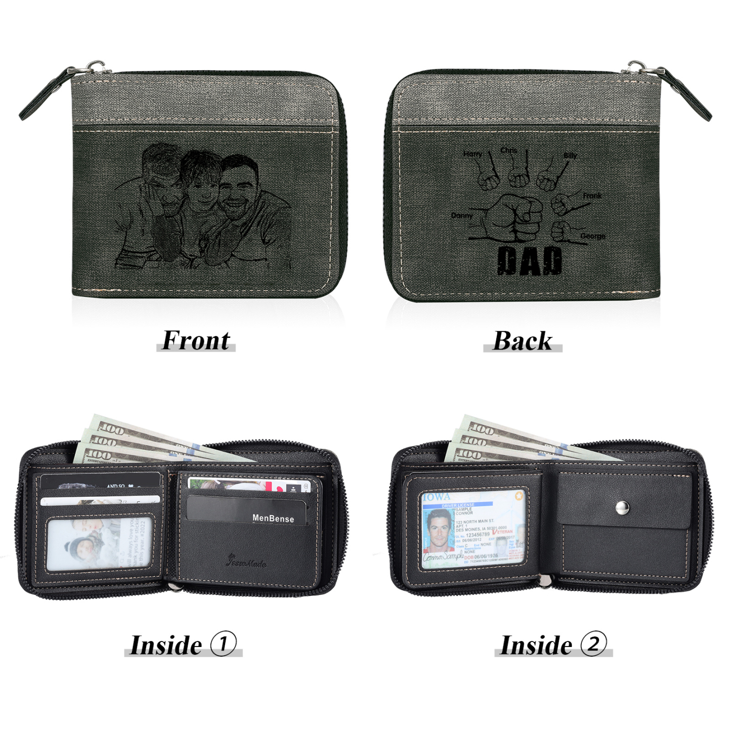 6 Names - Personalised Fist Bump Photo Custom Leather Men's Zipper Wallet as a Father's Day Gift for Dad