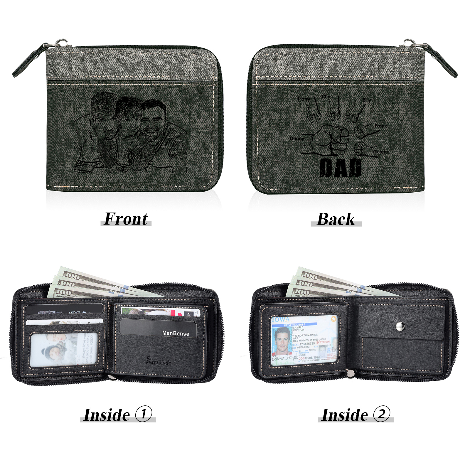 6 Names - Personalised Fist Bump Photo Custom Leather Men's Zipper Wallet as a Father's Day Gift for Dad