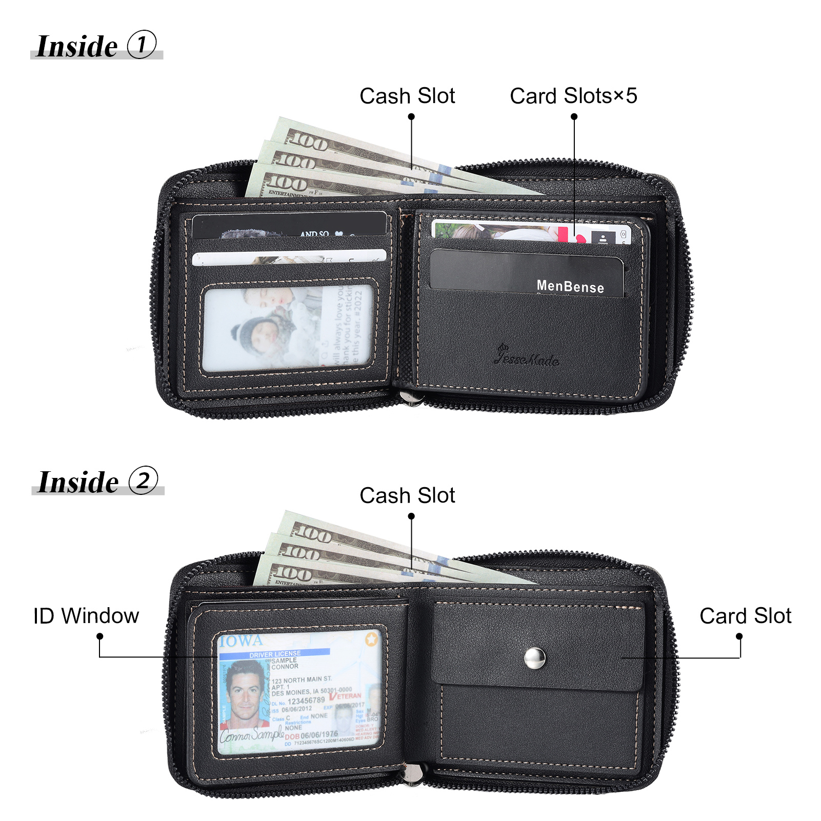 6 Names - Personalised Fist Bump Photo Custom Leather Men's Zipper Wallet as a Father's Day Gift for Dad