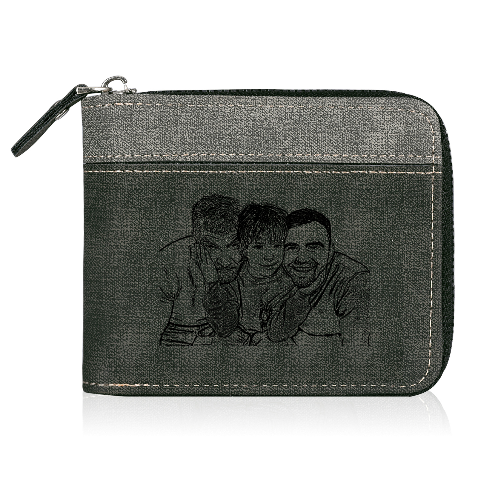 6 Names - Personalised Fist Bump Photo Custom Leather Men's Zipper Wallet as a Father's Day Gift for Dad
