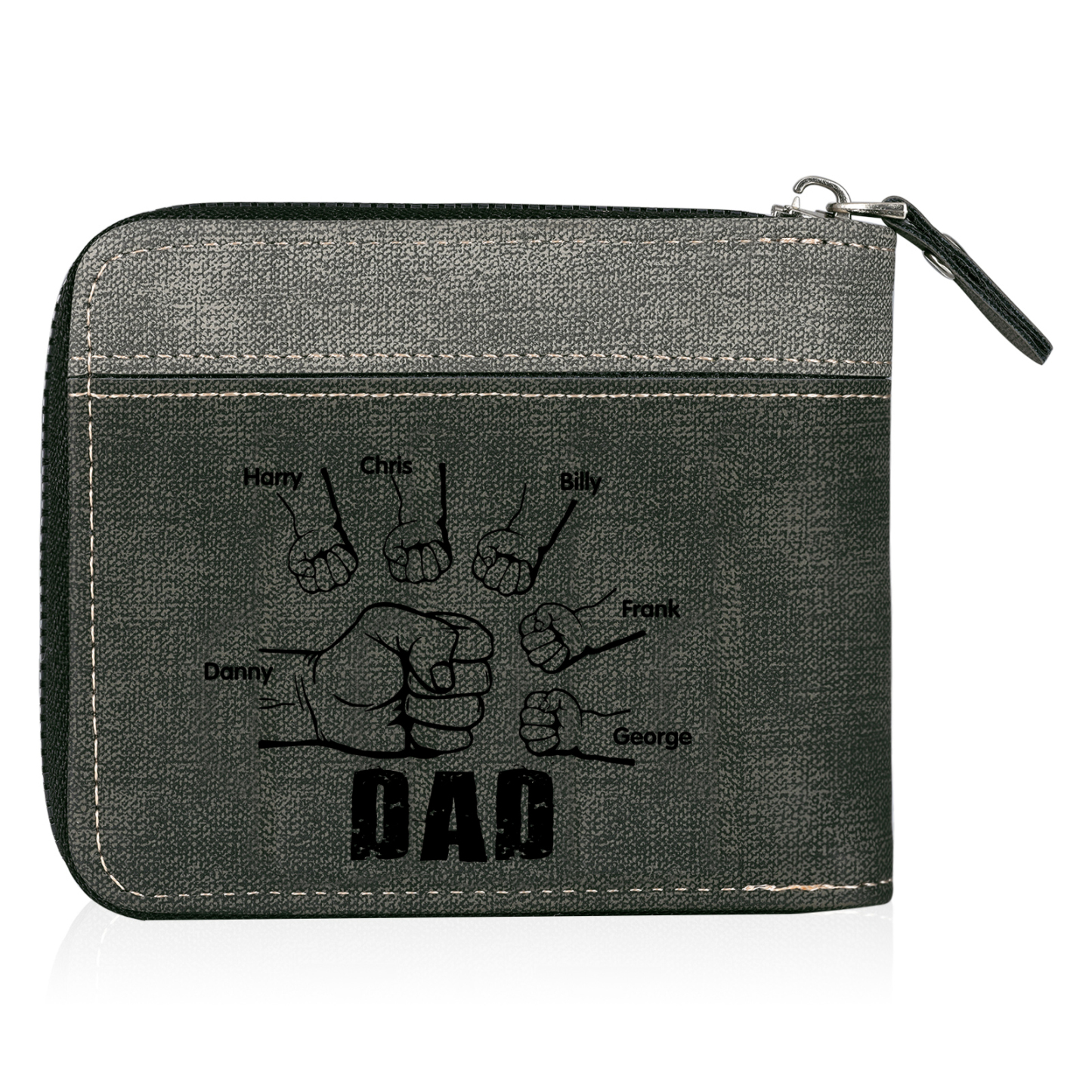 6 Names - Personalised Fist Bump Photo Custom Leather Men's Zipper Wallet as a Father's Day Gift for Dad