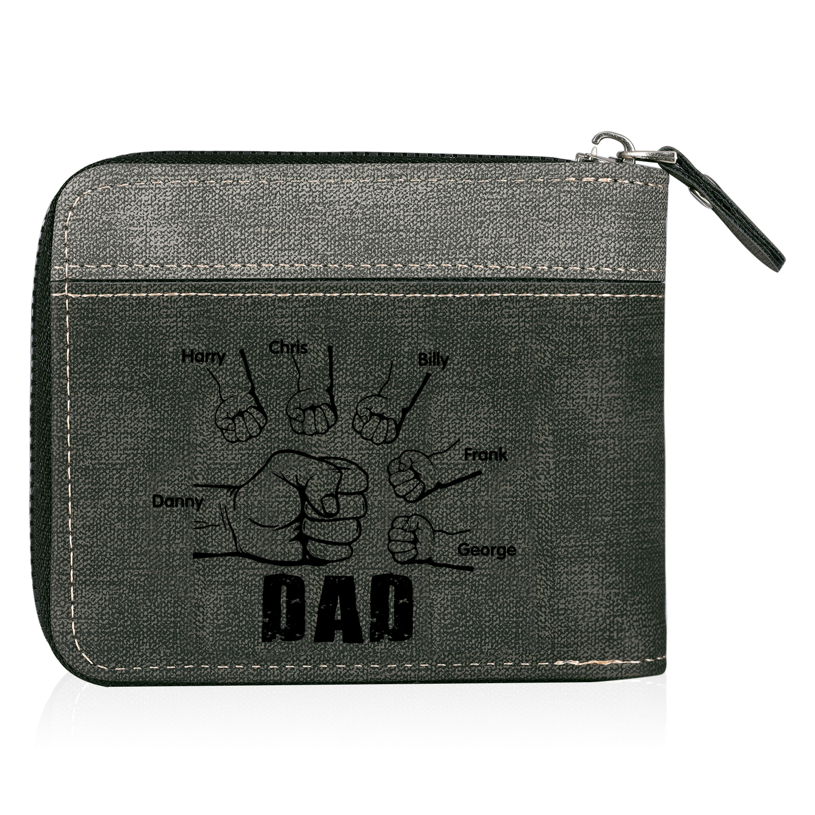 6 Names - Personalised Fist Bump Photo Custom Leather Men's Zipper Wallet as a Father's Day Gift for Dad