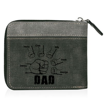 6 Names - Personalised Fist Bump Photo Custom Leather Men's Zipper Wallet as a Father's Day Gift for Dad