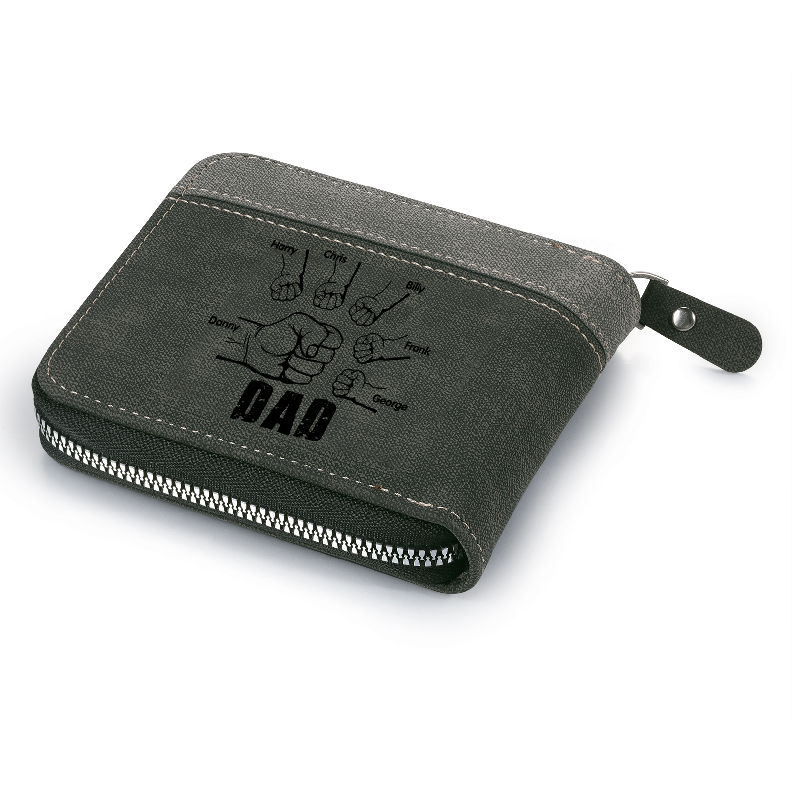 6 Names - Personalised Fist Bump Photo Custom Leather Men's Zipper Wallet as a Father's Day Gift for Dad