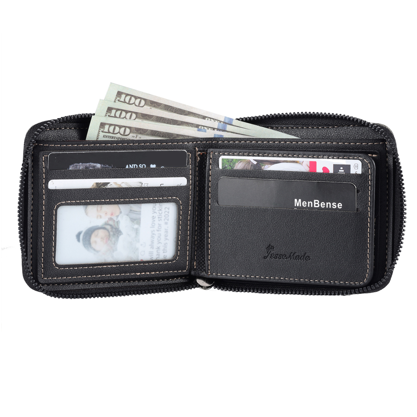 6 Names - Personalised Fist Bump Photo Custom Leather Men's Zipper Wallet as a Father's Day Gift for Dad