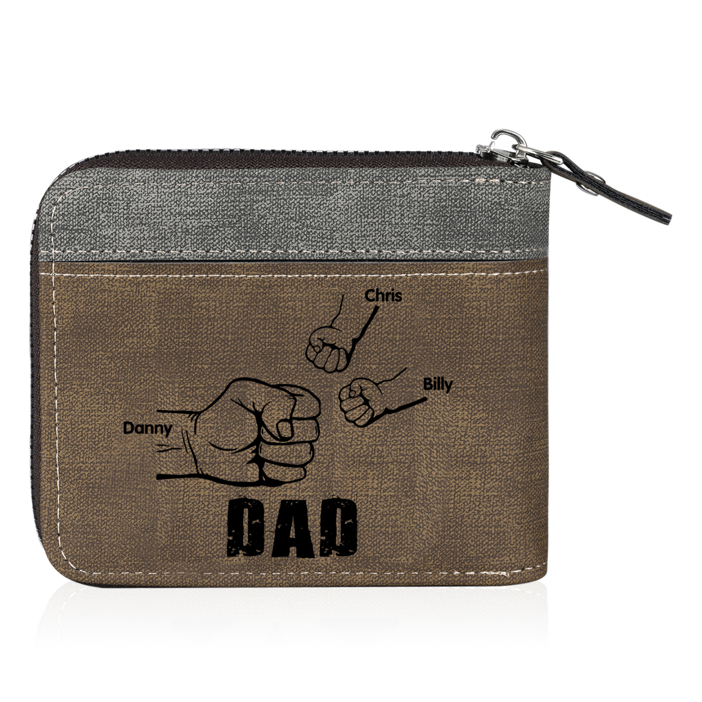 3 Names - Personalised Fist Bump Photo Custom Leather Men's Zipper Wallet as a Father's Day Gift for Dad