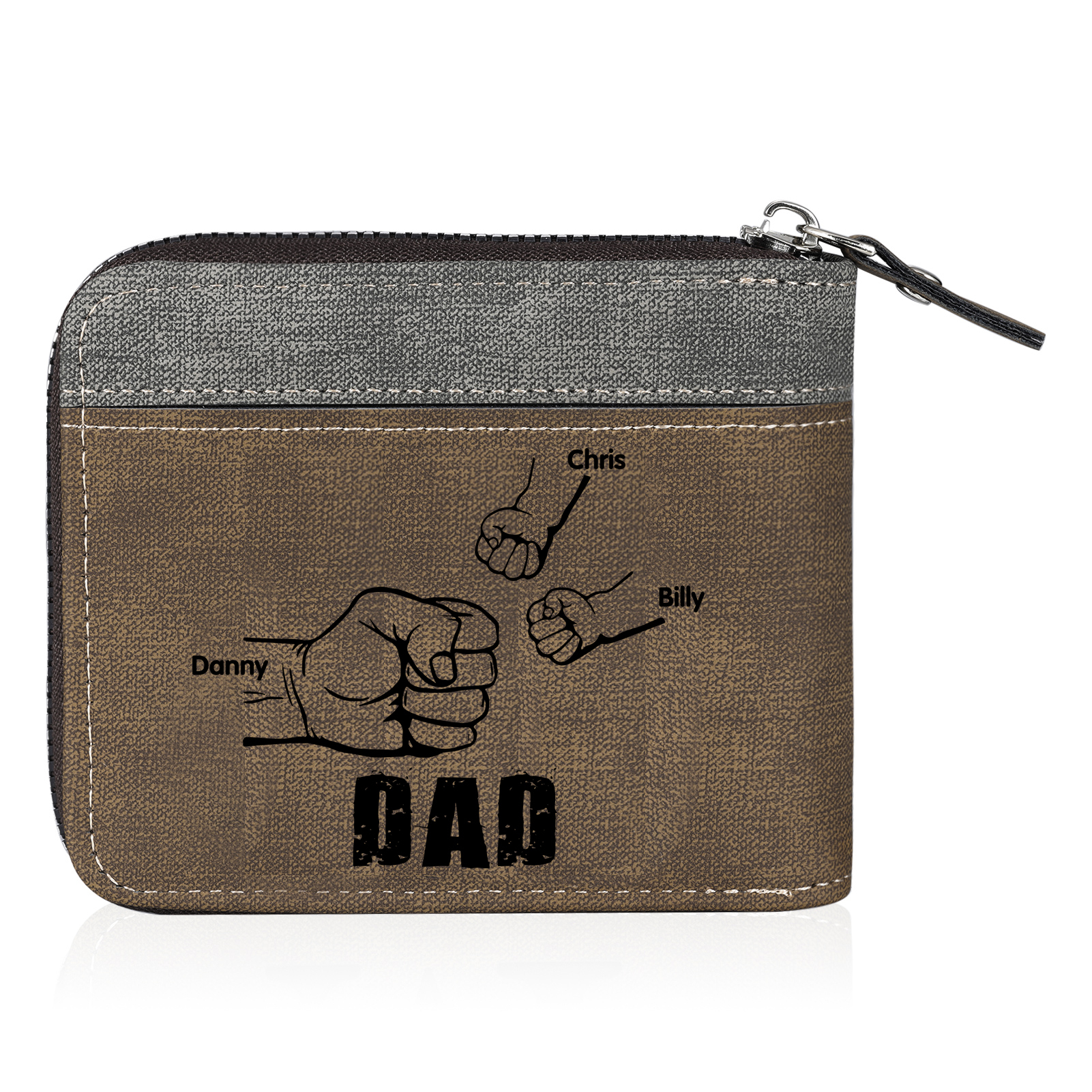 3 Names - Personalised Fist Bump Photo Custom Leather Men's Zipper Wallet as a Father's Day Gift for Dad