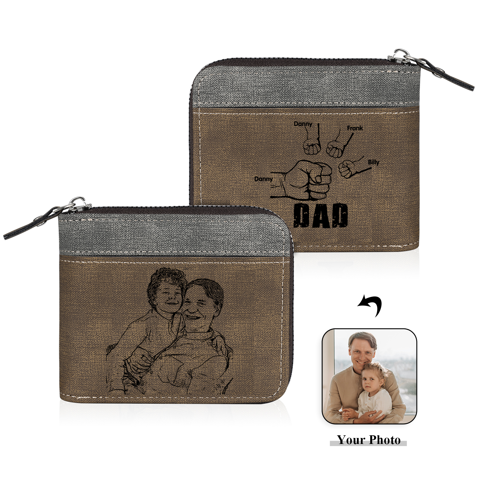 4 Names - Personalised Fist Bump Photo Custom Leather Men's Zipper Wallet as a Father's Day Gift for Dad