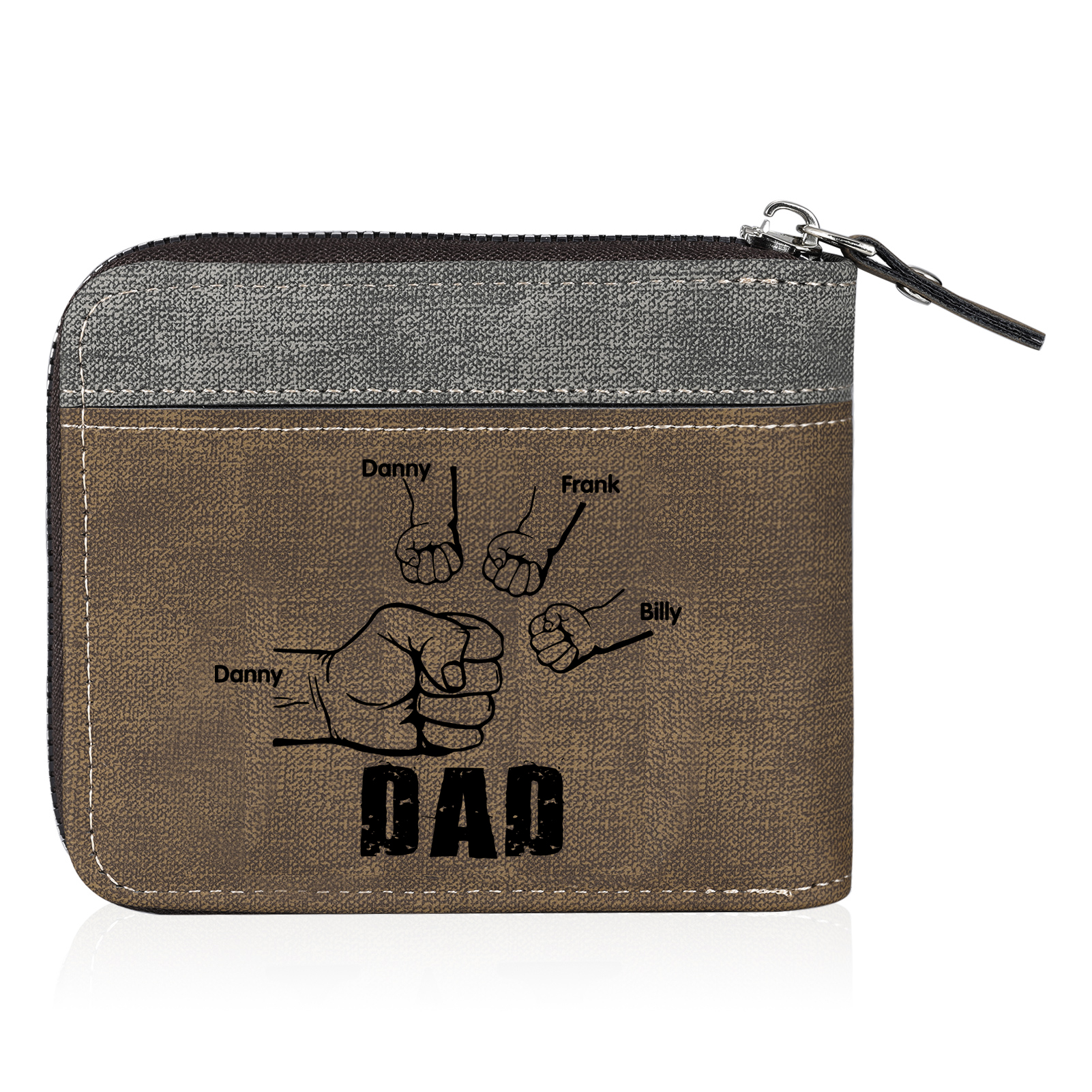 4 Names - Personalised Fist Bump Photo Custom Leather Men's Zipper Wallet as a Father's Day Gift for Dad